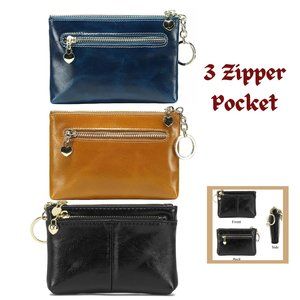 Mini Coin Purse W/ Key Ring Triple Zipper Fashion, PU Leather Card Holde…